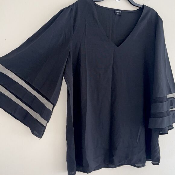 Conceited Sheer Stripes Long Bell Sleeve Top Plus Size 2X Blouse Casual V Neck - Picture 9 of 9